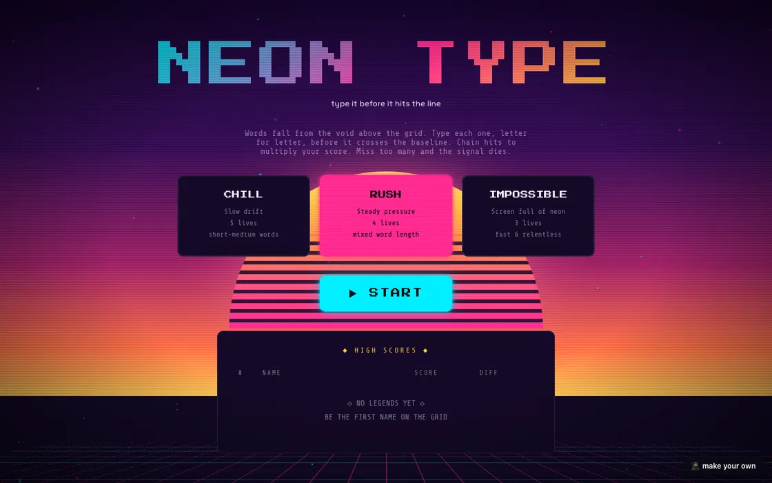 ninja-built page: a synthwave typing game with a high-score table
